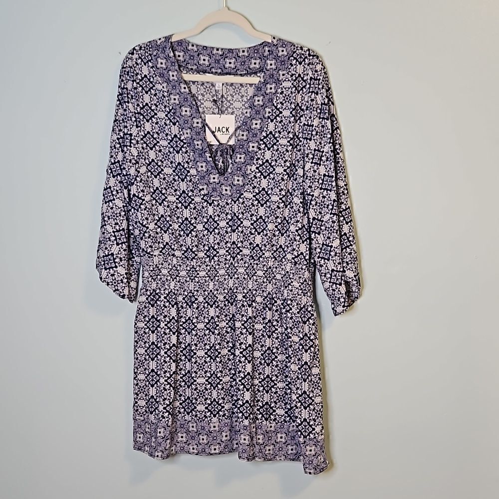 Jack BB Dakota, navy blue/white printed dress. Size L. NWT.
